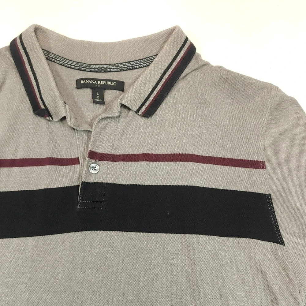 Banana Republic Polo Shirt Mens Large Gray Short Sleeve Striped‎ Cotton Collared